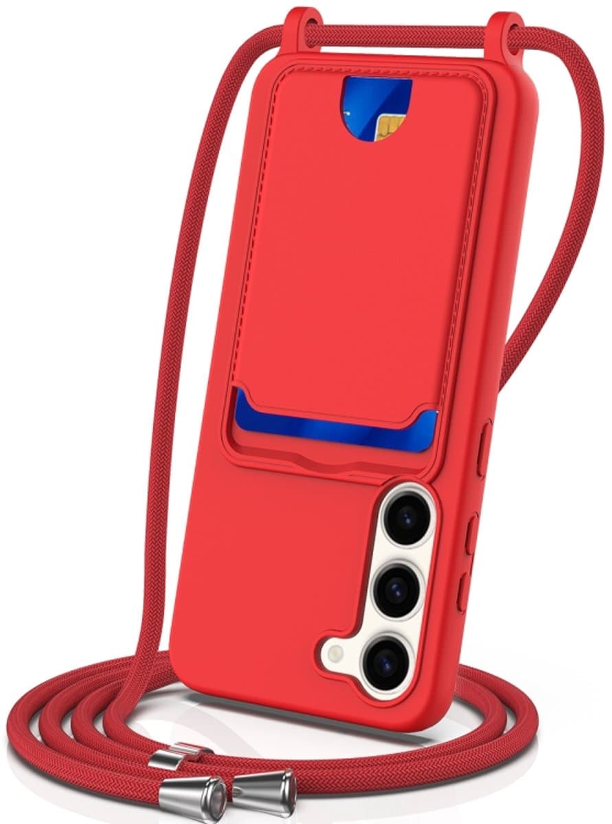 Voor Samsung Galaxy S23 5G Geïntegreerde Kaarthouder Effen Kleur Vloeibare Siliconen Telefoonhoesje met Lanyard (Rood)