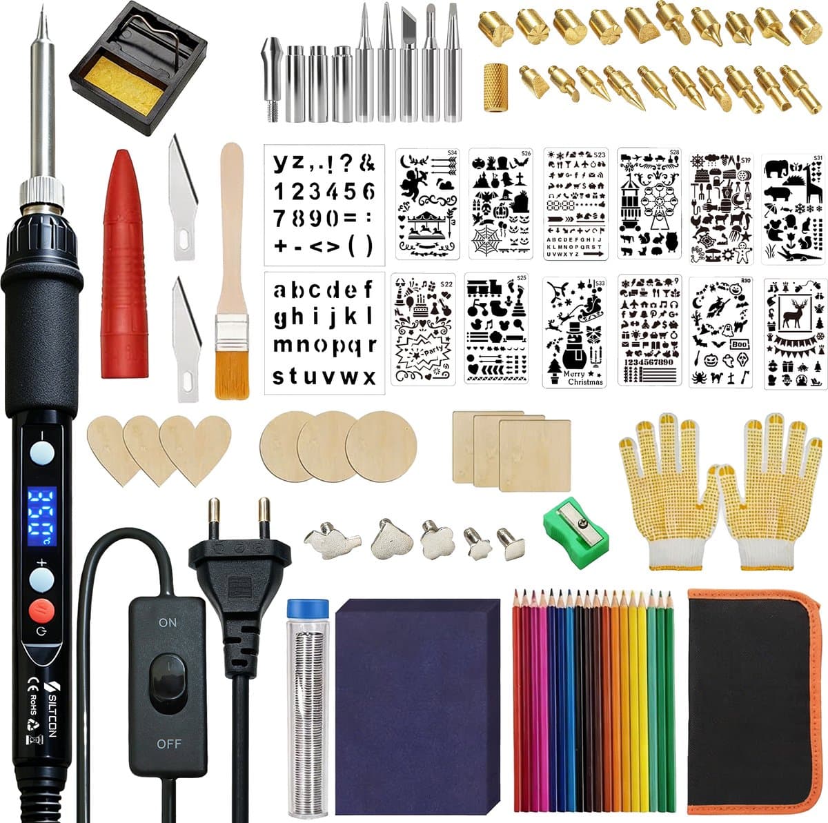 Siltcon® 3 in 1 Houtbrander Set - 100-delig – Soldeerbout 60/80W – Verstelbaar 180-520°C – Pyrografie Set met LED Display – Inclusief Brandpunten, Stencils, Kleurpotloden, Desoldeerpomp & Handschoenen - Proffesioneel voor Solderen en Houtbranden