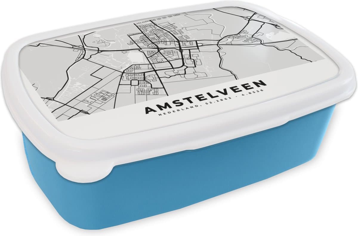 Broodtrommel Blauw - Lunchbox - Brooddoos - Kaart - Amstelveen - Nederland - 18x12x6 cm - Kinderen - Jongen