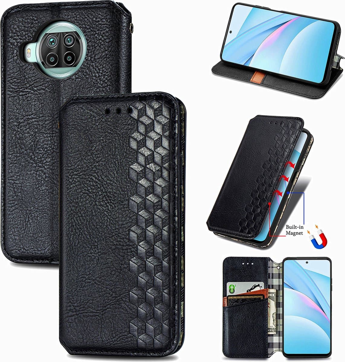 Luxe PU Lederen Ruitpatroon Wallet Case + PMMA Screenprotector voor Xiaomi Mi 10T Lite 5G _ Zwart