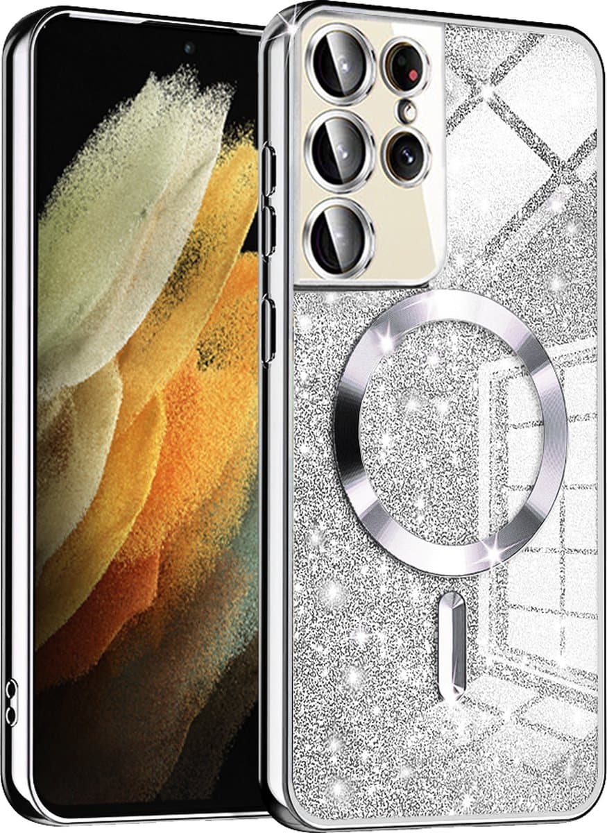 Techsuit Luxury Glitter Back Cover hoesje met MagSafe voor Samsung Galaxy S21 Ultra - Zilver