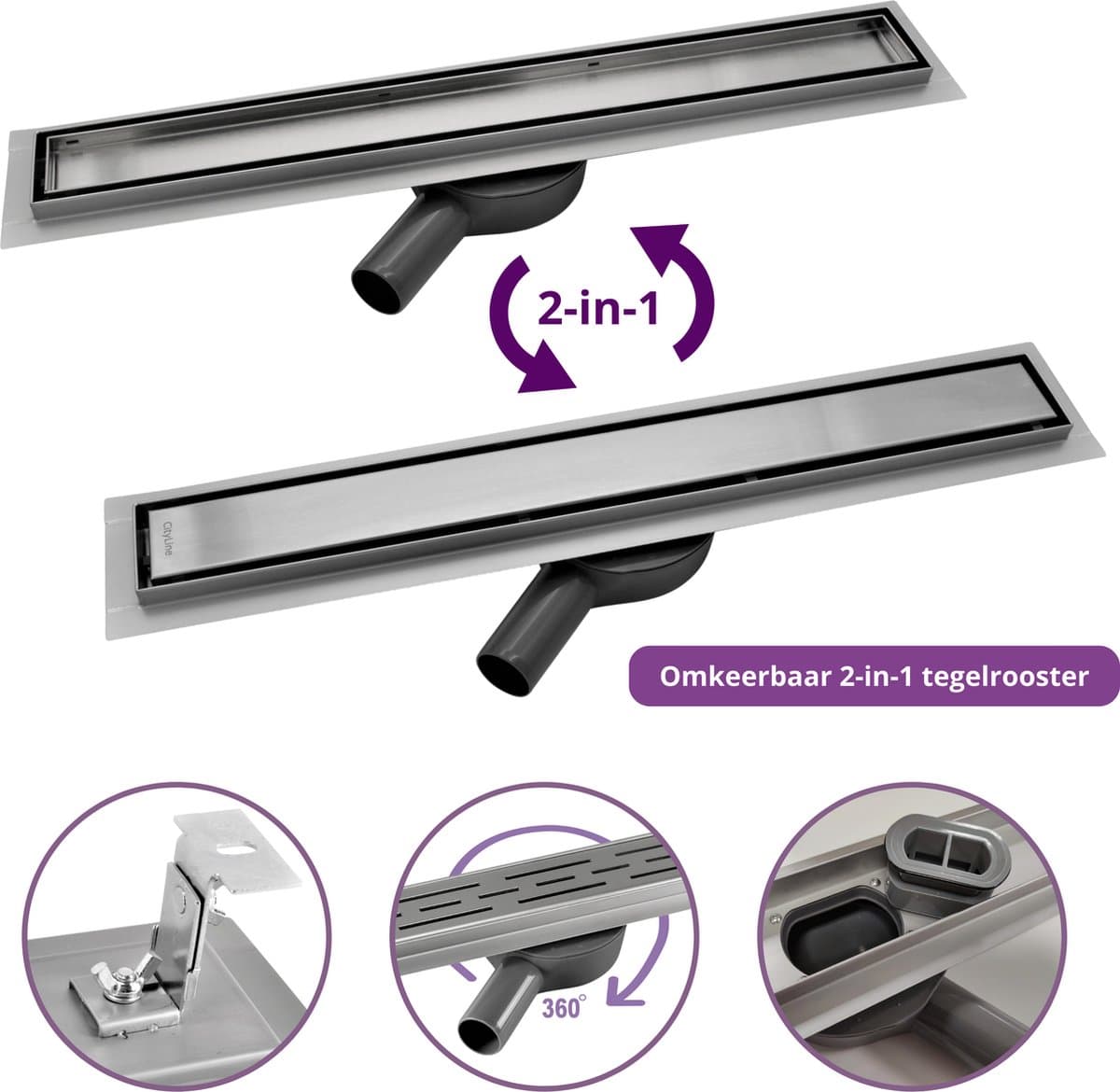 CityLine douchegoot - RVS Douchedrain - 60 cm - Draaibare zij-uitloop – Omkeerbaar Tegelrooster - Perfect voor renovatie - Lage inbouwdiepte