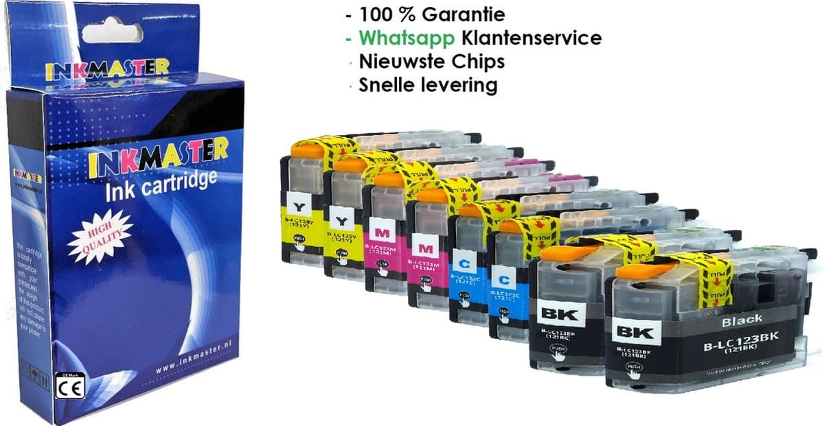 Inkmaster premium huismerk inkt Cartridge XL Gechikt voor Brother LC-123 Multipack 8 stuks 2 x BK, Cyaan , Magenta ,Yellow DCP-J132W, DCP-J172W, DCP-J152W, DCP-J552DW, DCP-J752DW, DCP-J4110DW, MFC-J4410DW, MFC-J4510DW, MFC-J4610DW, MFC-J470DW, MFC-J4