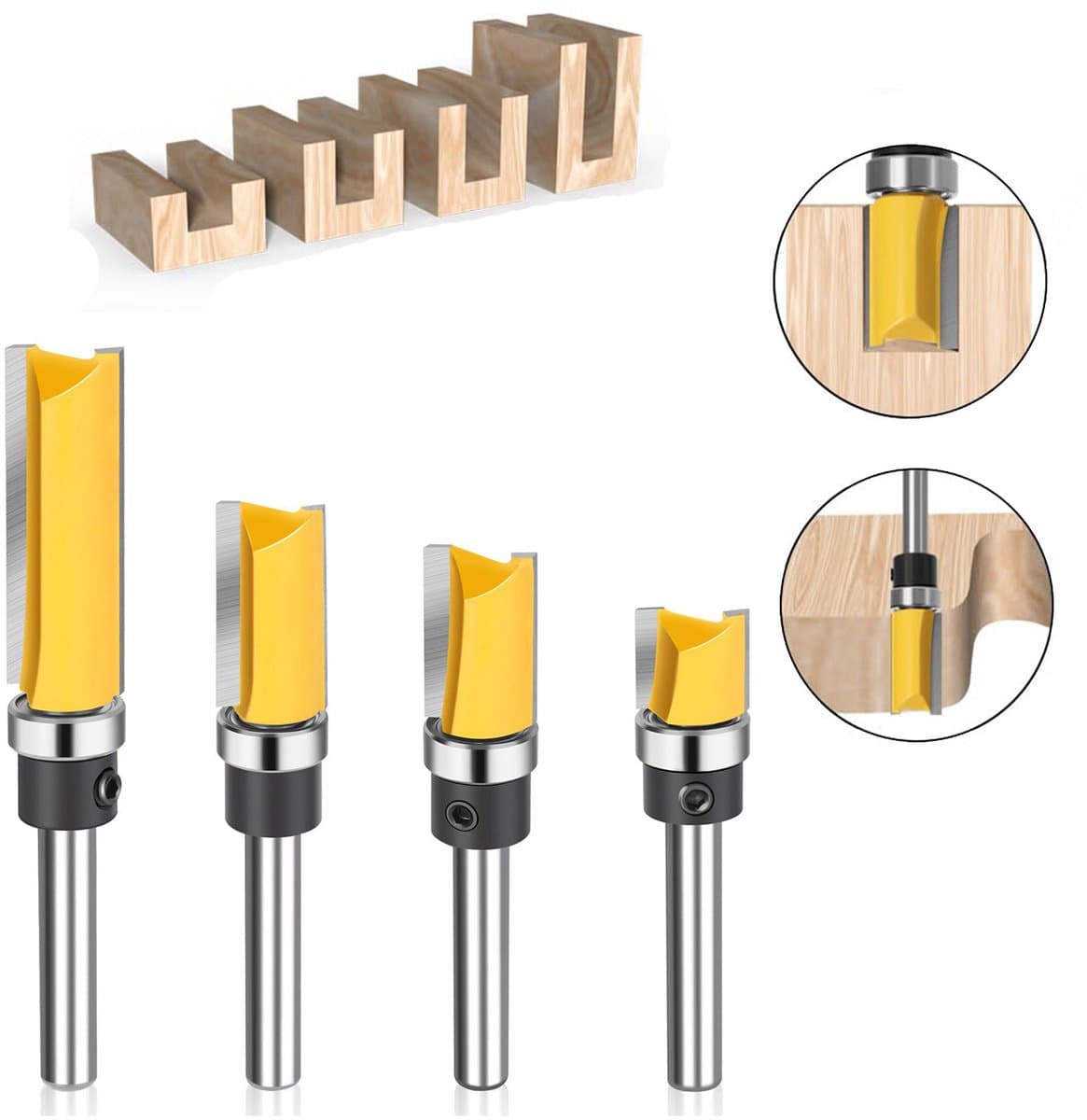 4 Delige Flush Pattern Router Bit -Vlakfrees - 1/4 inch schacht -toplager - industriële freesbit -met lager ter voorkoming van uitscheuren - rechte snijkant, hardmetalen punt, sjabloonfrees - geschikt voor houtbewerking, frezen, afwerken - Geel
