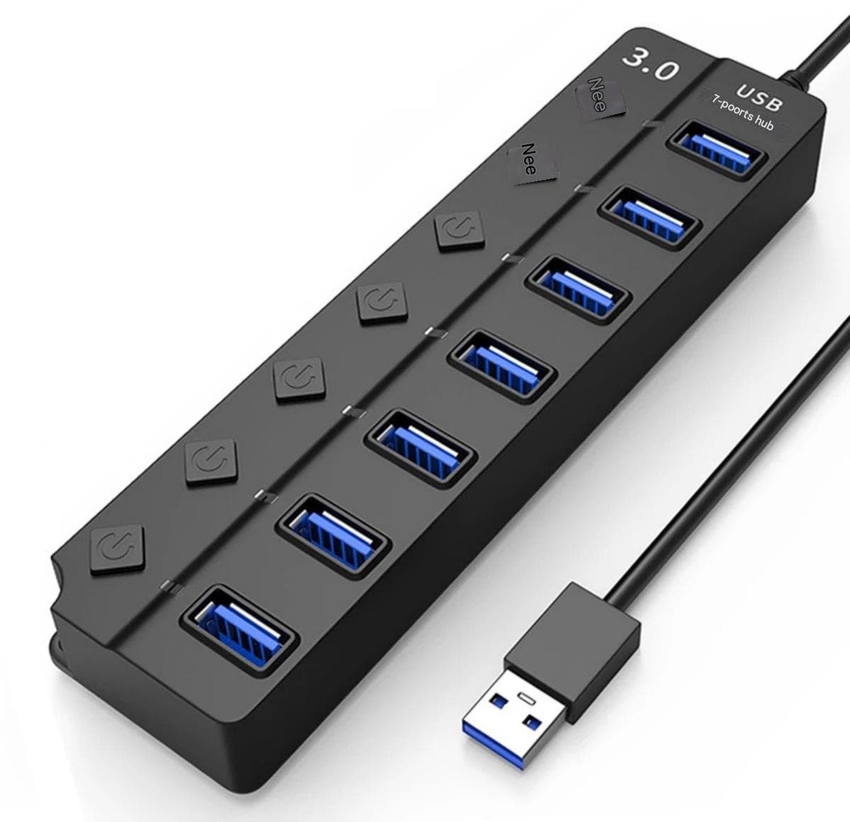 7-poorts USB 3.0-hub - USB-multiportadapter - USB-hub/splitter voor pc's, laptops, MacBooks, USB-flashdrives, externe harde schijven, enz. - Zwart