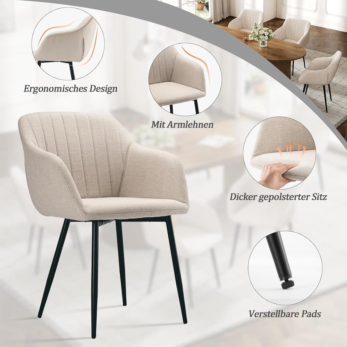 Set van 6 Luxe Gestoffeerde Eetkamerstoelen met Armleuningen – Beige Stoffen Stoelen met Metalen Poten, Ergonomisch Comfort, Duurzame Polyester Zitting 43,5 x 45,5 x 82 cm voor Eetkamer, Woonkamer en Slaapkamer – Novihome