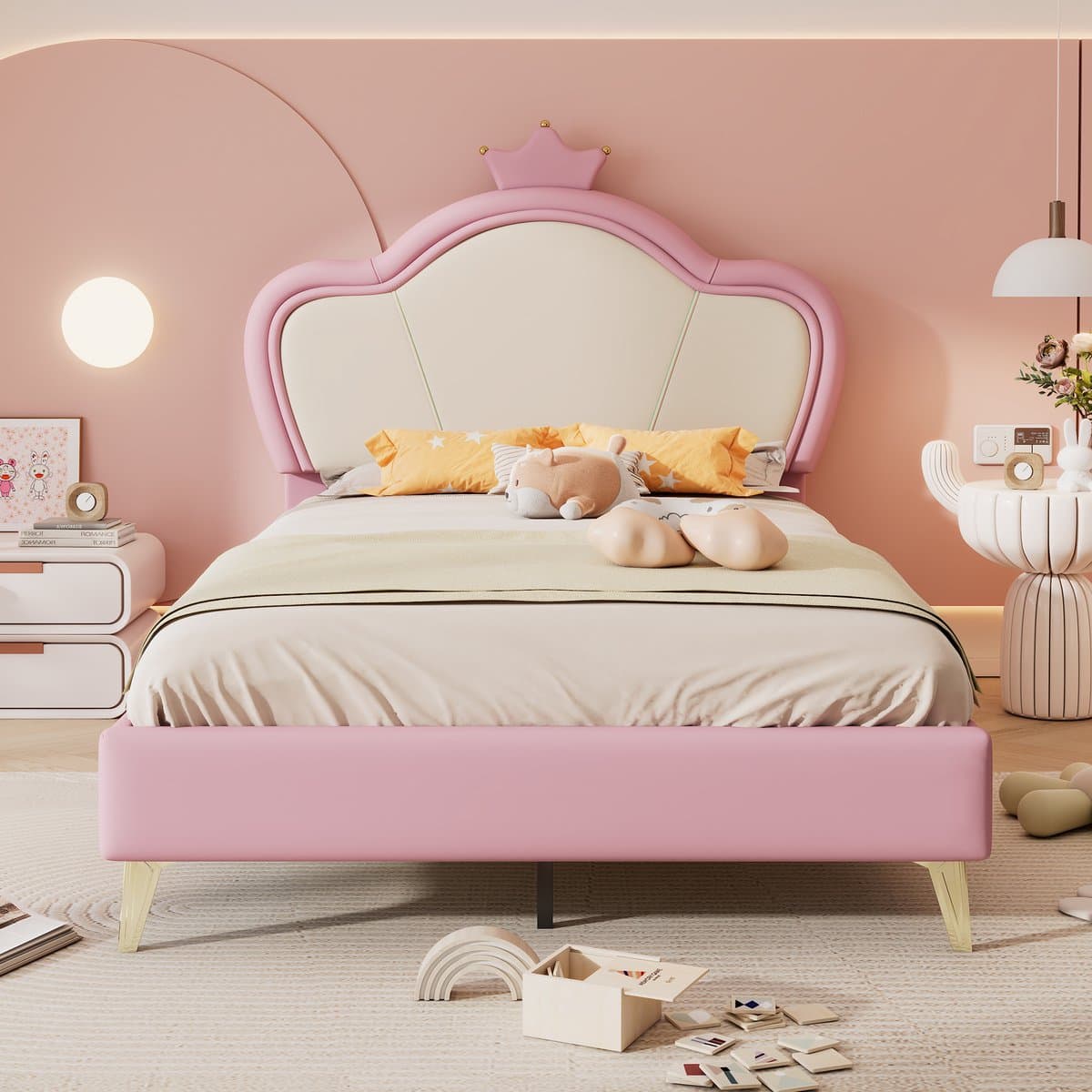 MODFU Gestoffeerd kinderbed 90x200 cm – PU roze/wit – Gewatteerd golvend hoofdbord – Zachte afgeronde hoeken – Metalen poten