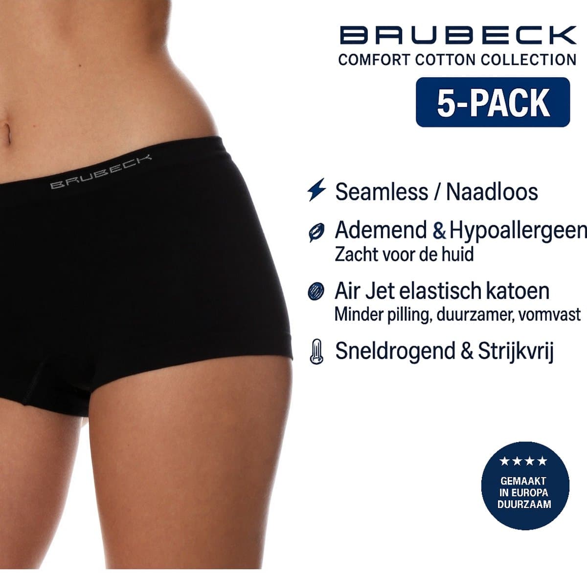 Brubeck Dames Boxershort – Naadloos (Seamless) Elastisch Katoen – 5-Pack - Zwart XL