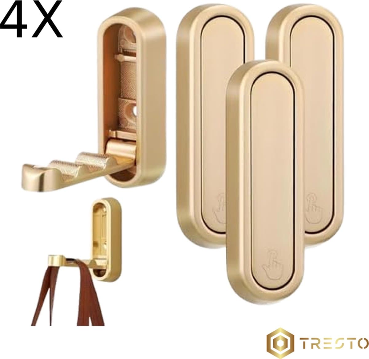 TRESTO - 4 stuks opvouwbare wandhaken - Opvouwbare haken - muurbevestiging van zinklegering - zwaar belastbare wandhaak - Badkamer haken - Keuken haken- Kapstok - Goud