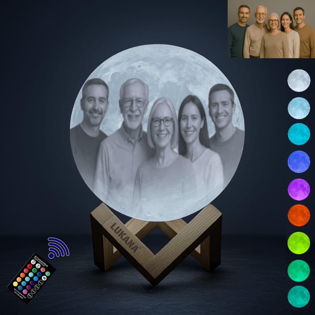 Eigen Foto Maanlamp 3D + Tekst - 15cm - 16 Kleuren met afstandsbediening - Inclusief houten standaard - Maanlamp - Gepersonaliseerde Cadeau - Rouw Geschenk - Aandenken - Moonlight - Moederdag - Vaderdag
