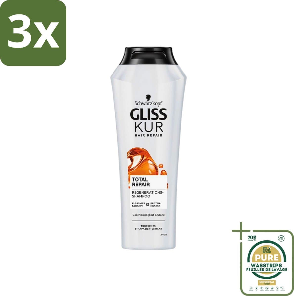 3 x Gliss Kur - Shampoo - Vrouwen - Hydraterende Verzorging - 250 ml - Grootverpakking - Hydraterend Haarshampoo - Gespleten Haarpunten - Keratine - Olijf- En Apricotolie - Gezond Haar