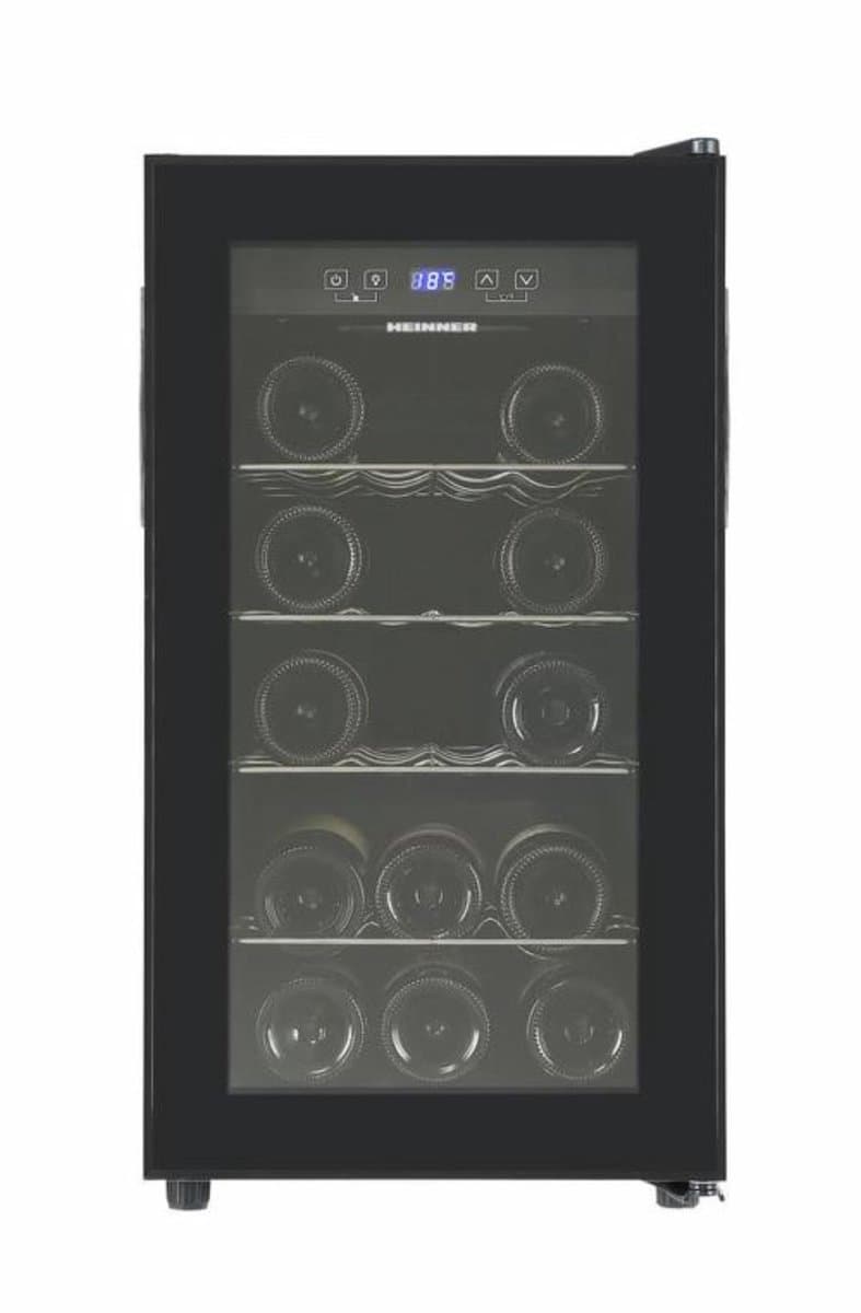 Heinner HRV-A52DRM18 Wijnkoelkast – 55 L – Geschikt voor 18 Flessen – LED-display – 4 Houten Leggers – Omkeerbare Deur – Zwart – 5 Jaar Garantie