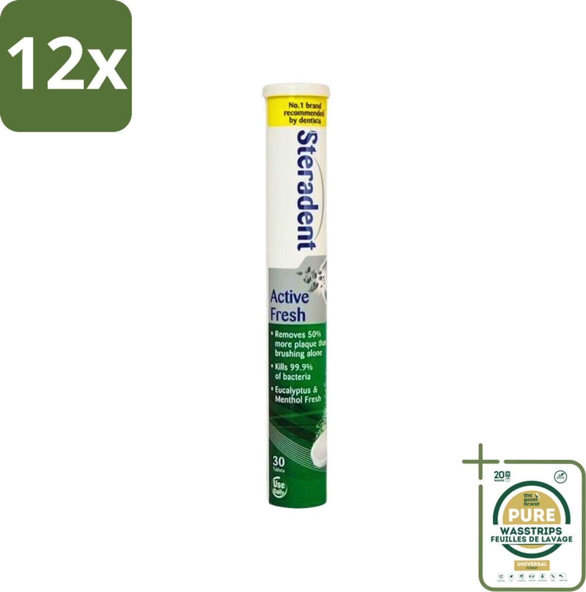 Steradent Kunstgebit Reinigingstabletten Active Fresh Plus 30 tabletten - Voordeelverpakking - 12 stuks - Tandsteen verwijderen - Kunstgebit schoonmaken