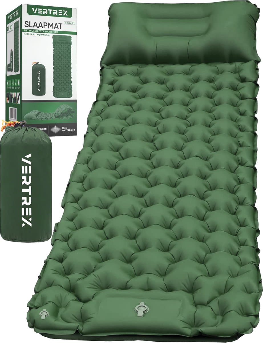 Vertrex Inflate-X1 Slaapmat met Ingebouwde Pomp - Luchtbed - 1 Persoons - Mosgroen