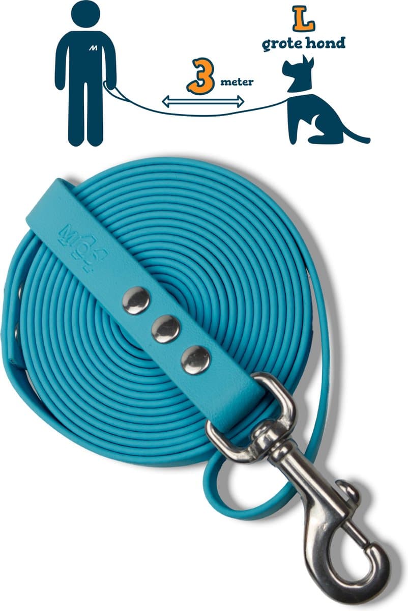 Miqdi hondenriem – BioThane® - lichtblauw – 3 meter lang – 19mm breed – L/XL - grote hond