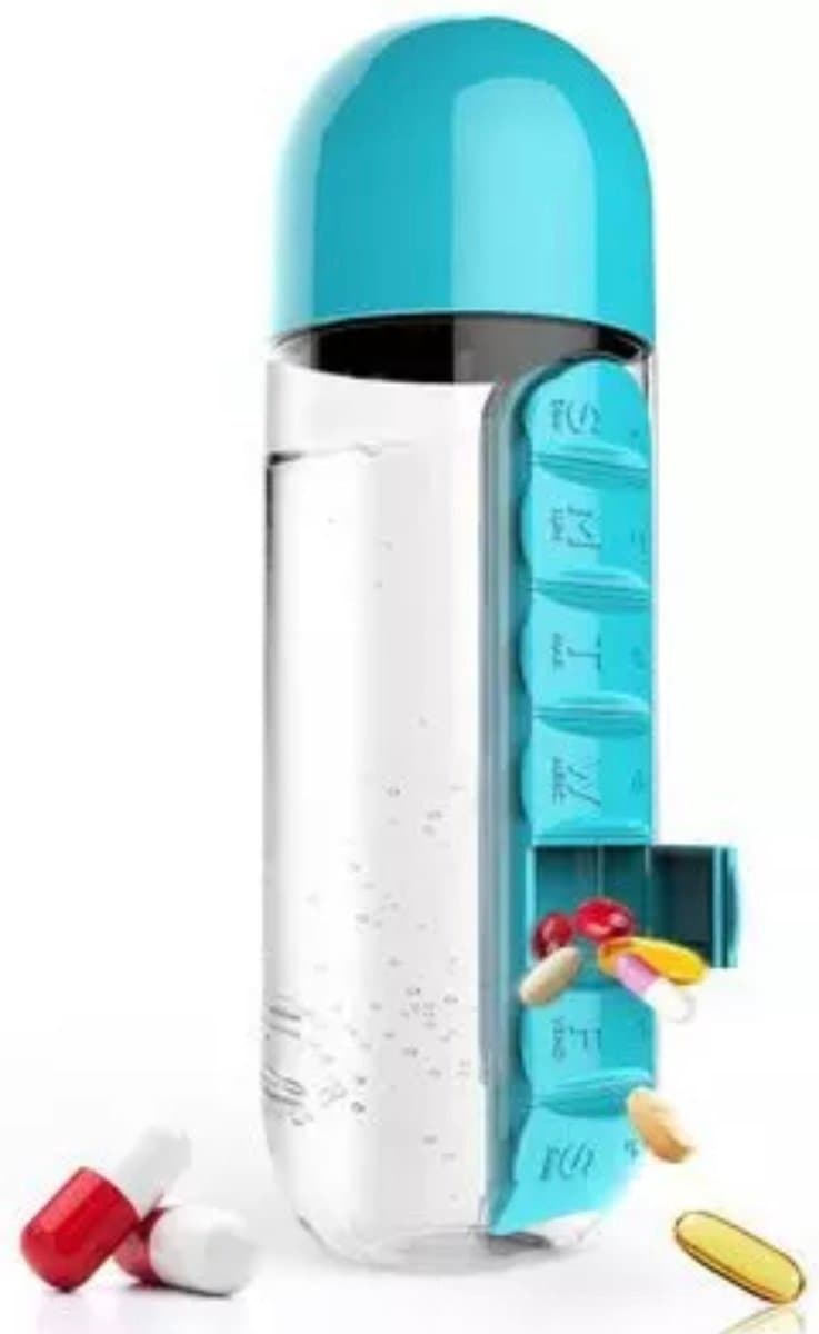 Narvie Waterfles - Drinkfles met Pillendoos 7 Dagen - Medicijndoos voor Medicatie en/of Supplementen - Medicijndoosje 7 Dagen - Waterfles - Waterfles met aankoppelbare Pillendoos 7 dagen - Blauw