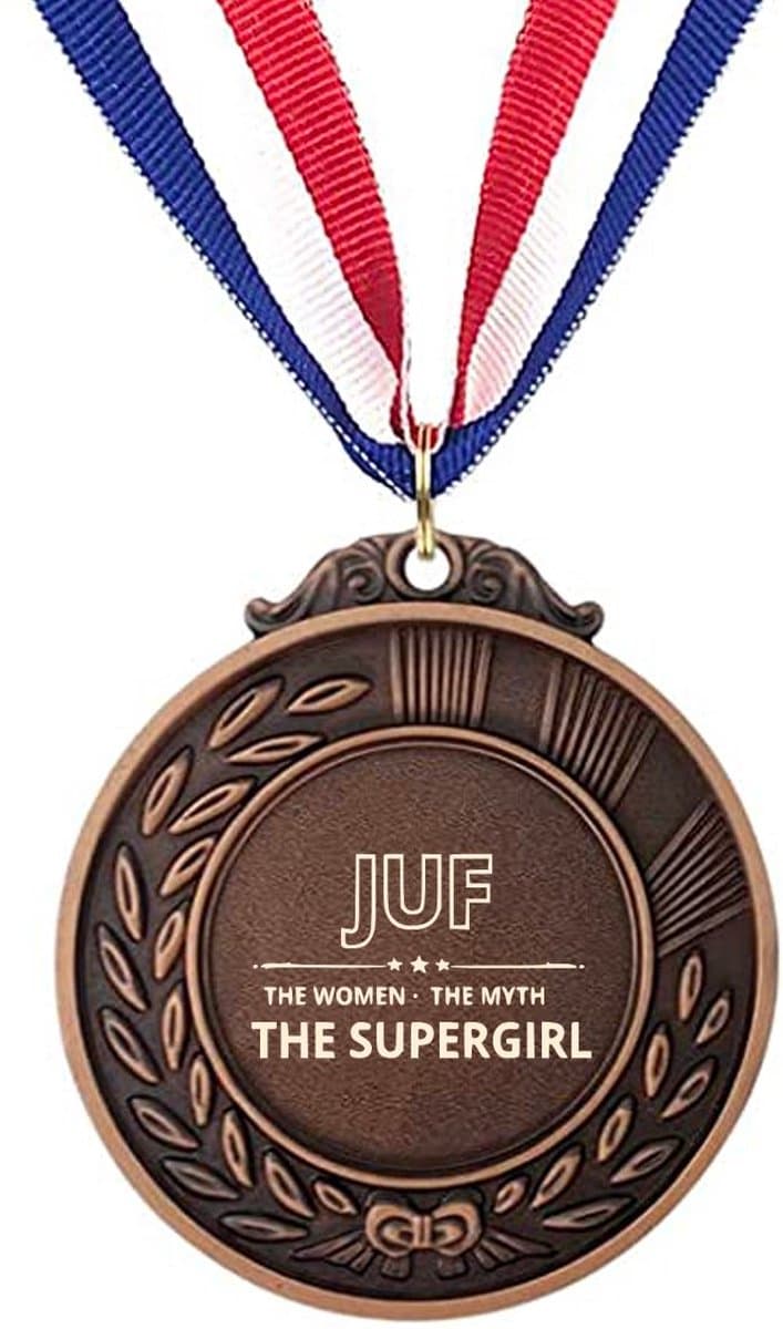 Akyol - juf de vrouw de mythe de supervrouw medaille bronskleuring - Juf - docenten leerkrachten leraren - cadeau
