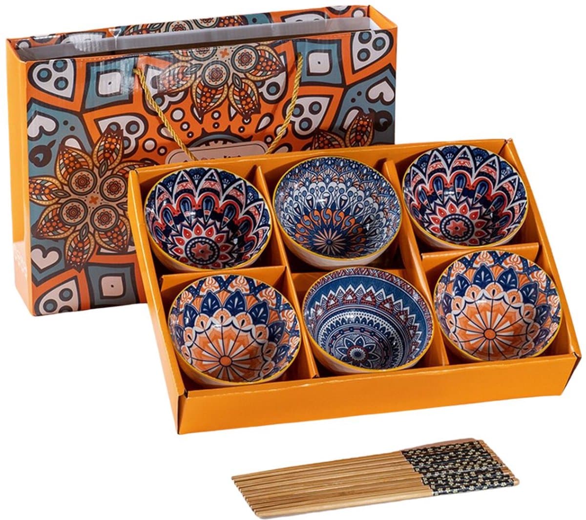 Boheemse kommen schaaltjes servies set met eetstokjes - 6 kommetjes voor rijst, yoghurt, soep, saus etc. Oranje/blauw Aardewerk