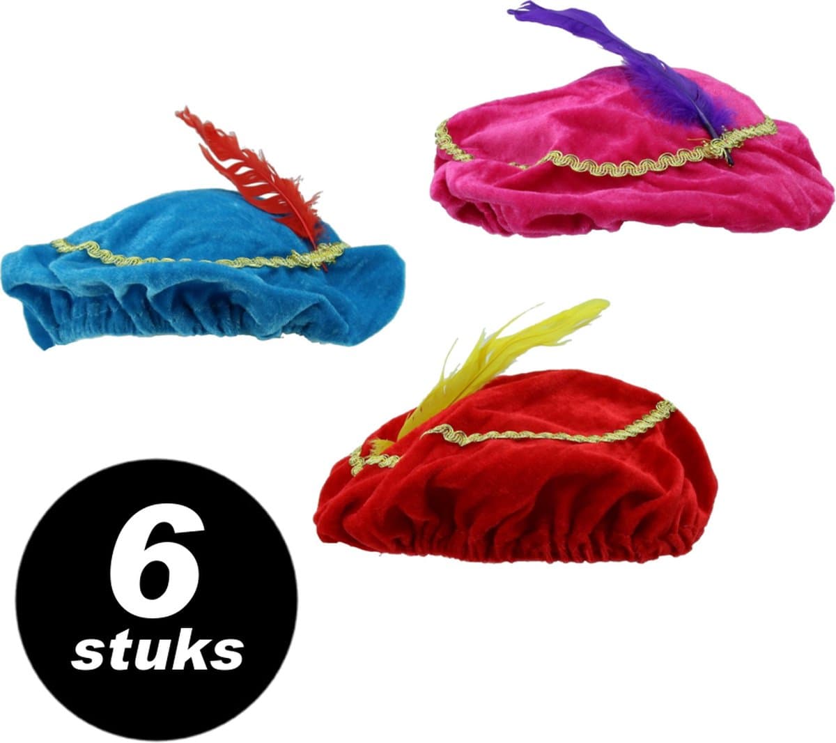 6x Pietenmuts met veer kinderen – VOORDEELSET 6 STUKS – one size pietenmutsen