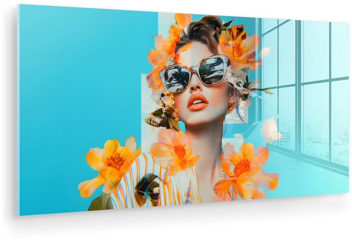 MuchoWow® Glasschilderij 40x20 cm - Schilderij acrylglas - Bloemen - Vrouw - Zonnebril - Blauw - Foto op glas - Muurdecoratie woonkamer - Wanddecoratie slaapkamer - Schilderijen