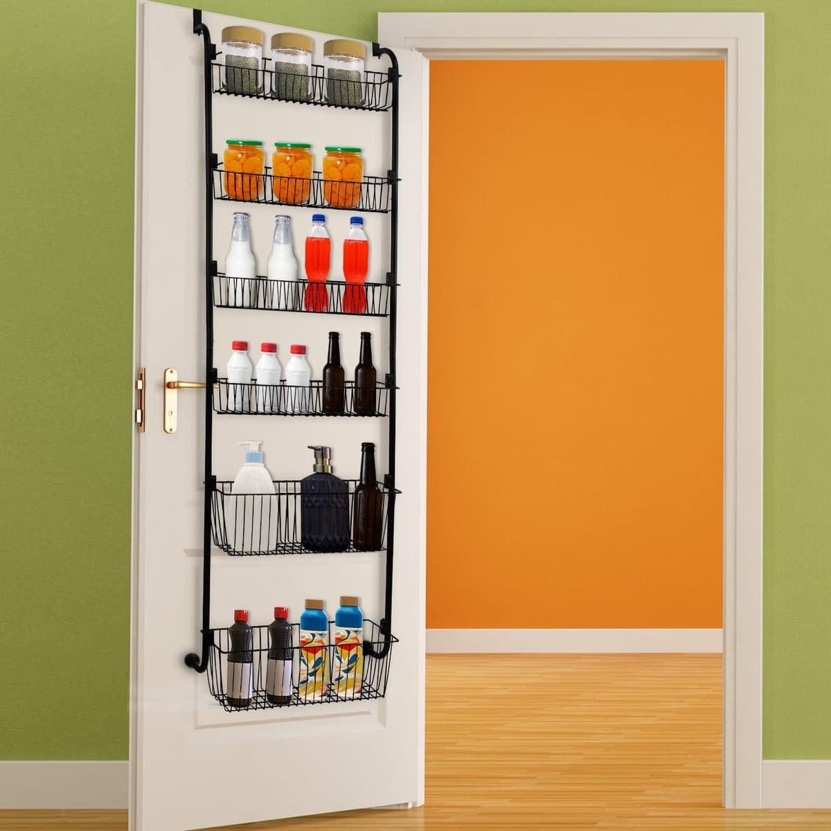 Hangende Plank Stevig Deur Rek Pantry - 6 Verstelbare Manden - Boven de Deur Pantry Organizer - Hangend Kruidenrek - Opslag Keuken Kledingkast (Zwart)