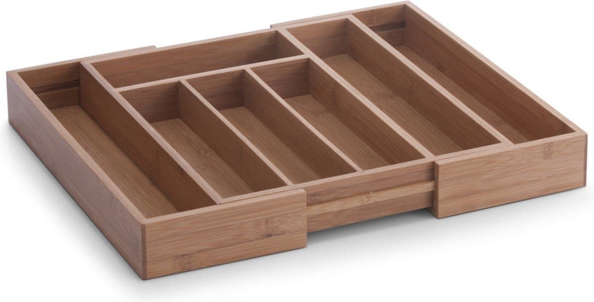 1x Bruine uitschuifbare bestekbakken inzetbakken bamboe 29-40 x 33 cm - Zeller - Keukenbenodigdheden - Keukenlade/besteklade inzetbakken - Bestekbakken uitschuifbaar