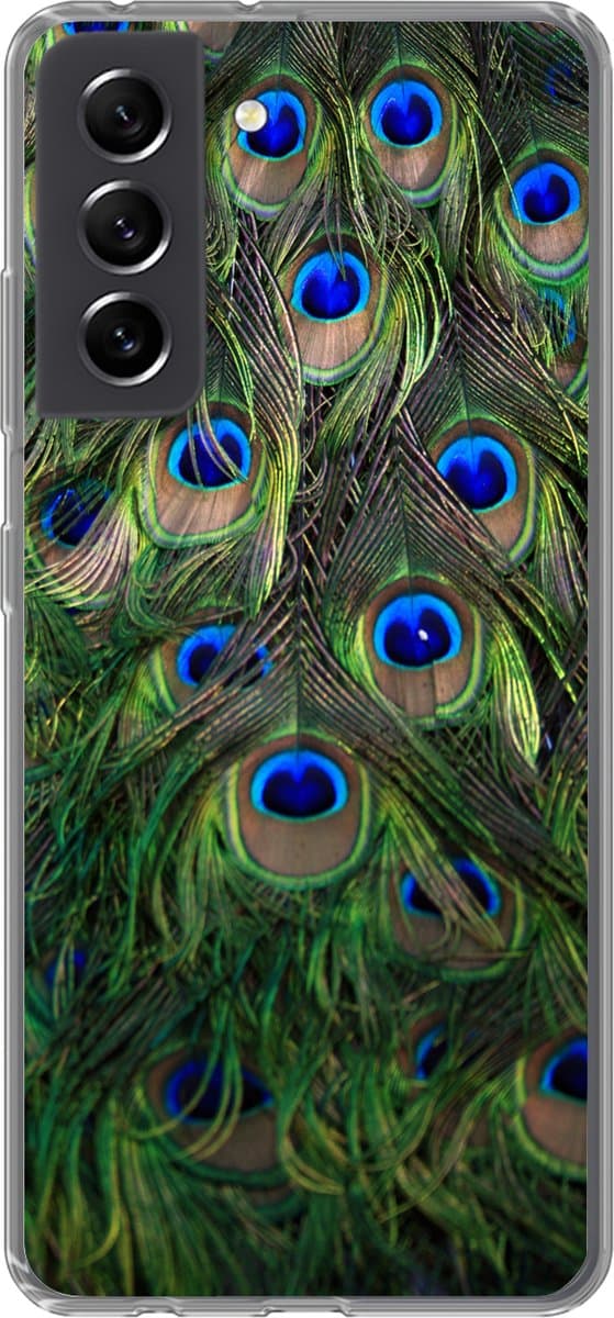 Telefoonhoesje Geschikt voor Samsung Galaxy S21 FE hoesje - Close-up van veren van een pauw - Siliconen Telefoonhoesje Telefoonhoesje