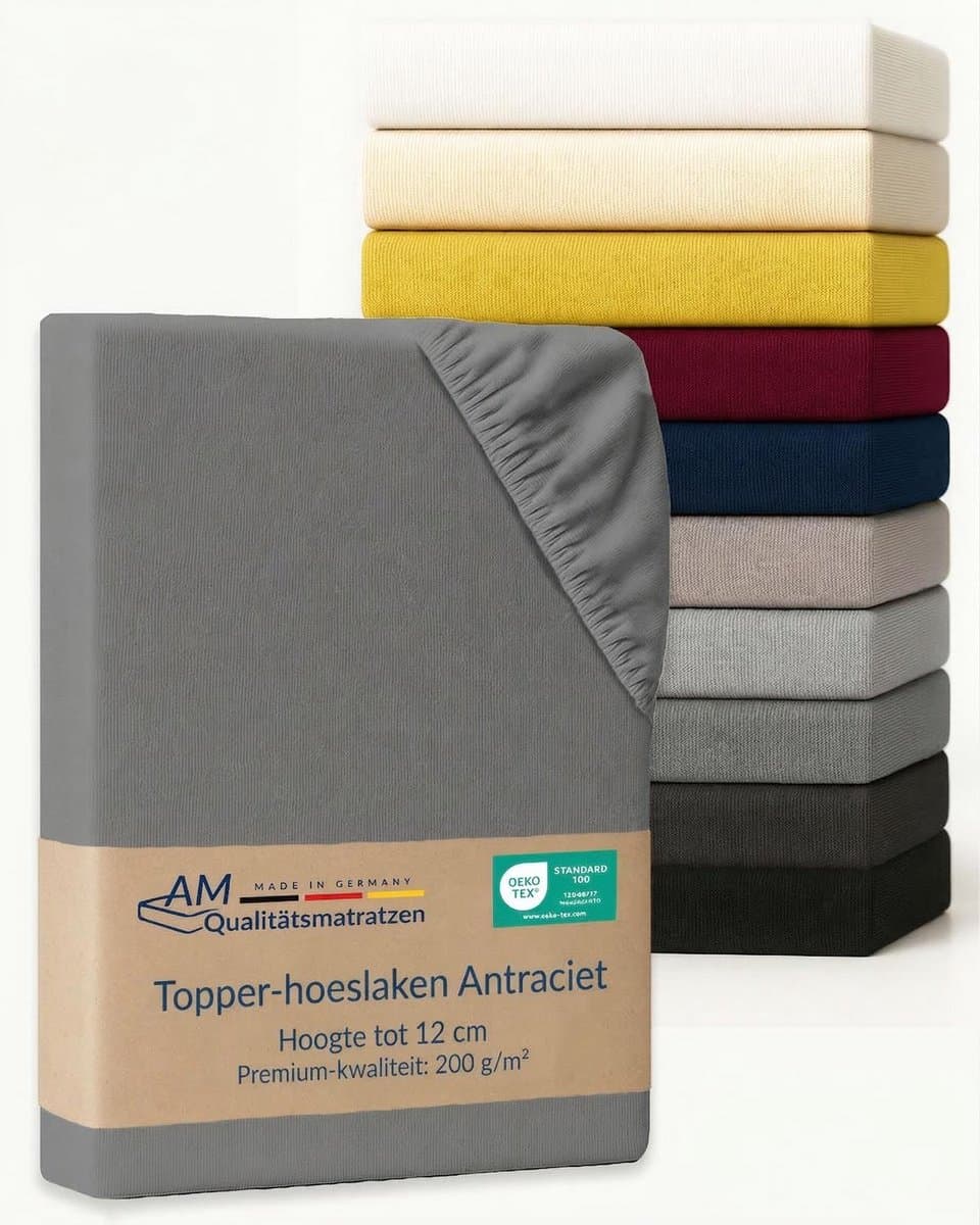 AM Qualitätsmatratzen Premium hoeslaken 120 x 200 cm topper (200gsm) in Antraciet - Made in Germany - OEKO TEX gecertificeerd topper hoeslaken - Jersey hoeslaken - Fitted Sheets