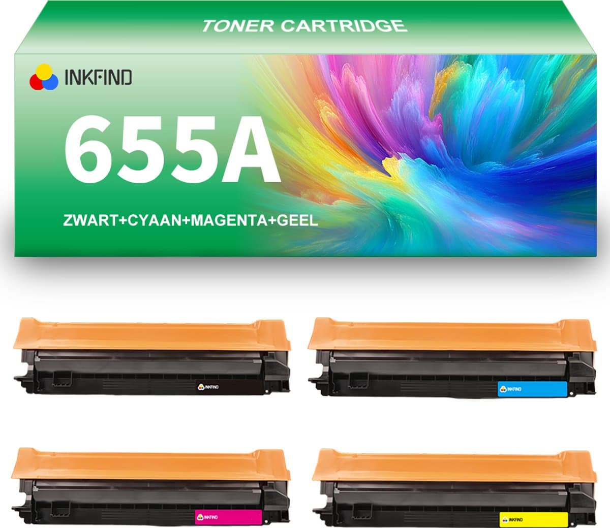 INKFIND 655A (CF450A-CF451A-CF452A-CF453A) tonercartridge multipack van 4 stuks (Zwart+Cyaan+Magenta+Geel) compatibel met HP 655A (CF450A-CF451A-CF452A-CF453A) 4-pack BK/C/M/Y