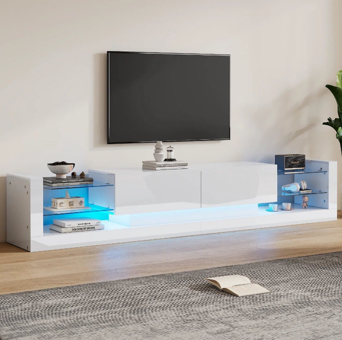 TV-meubel 181 cm Wit Hoogglans met LED-verlichting – Luxe TV Kast voor 80 Inch TV met 2 Opbergvakken – Modern Design Lowboard – Furnitureland
