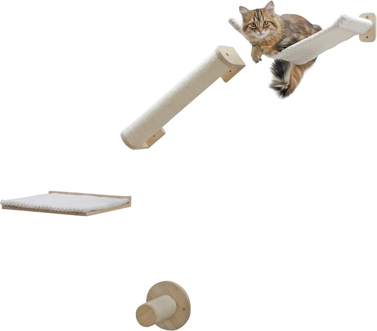 Katten klimwand - Krabbestelling speelmeubel - Klimmen en spelen - Massief houten constructie - 4-delig - Wit natuur
