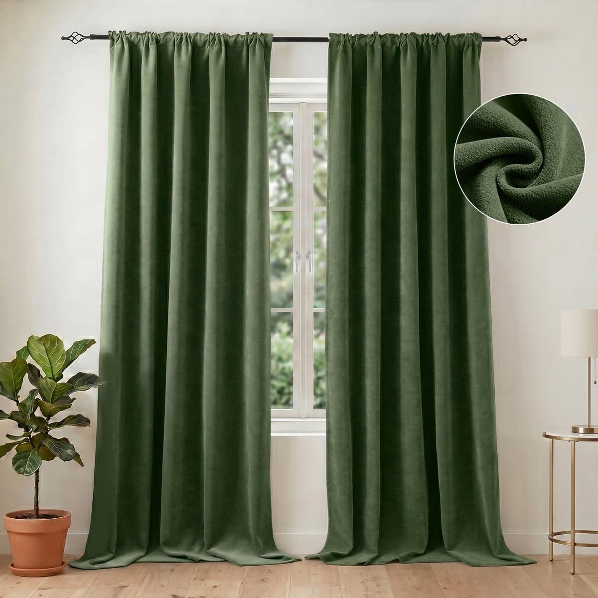 Qelus UltraZware Chenille Verduisterende Gordijn (2-panelen kant-en-klaar set) - 132x214cm - Thermisch Isolerend - Dubbelzijdige 510GSM Stof – 98% lichtdicht - 6-in-1 header- voor Slaapkamer & Woonkamer - Groen