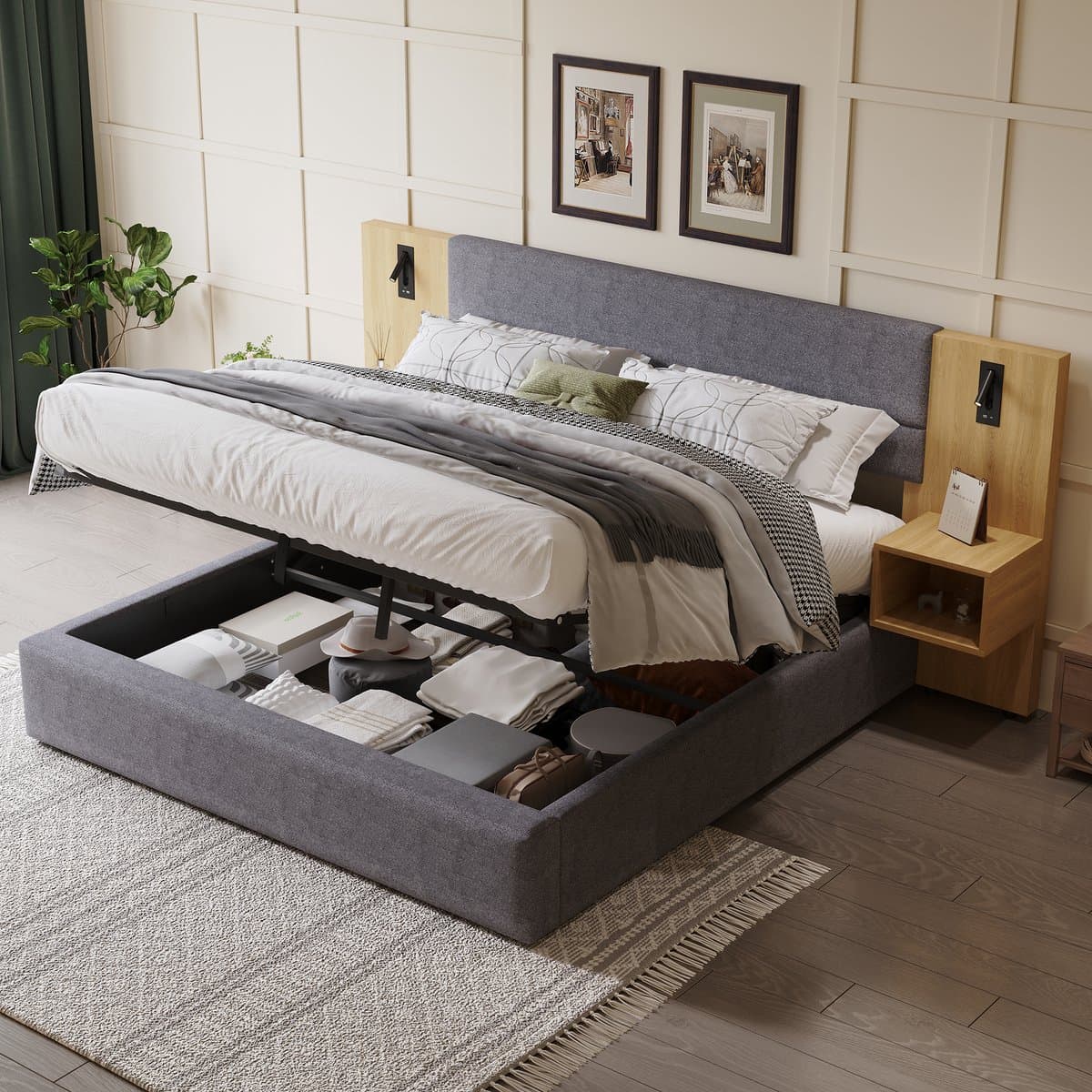 MODFU – Opbergbed met 2 Nachtkastjes – 160x200 cm – Hydraulisch & USB – Fluweel – Grijs & Naturel