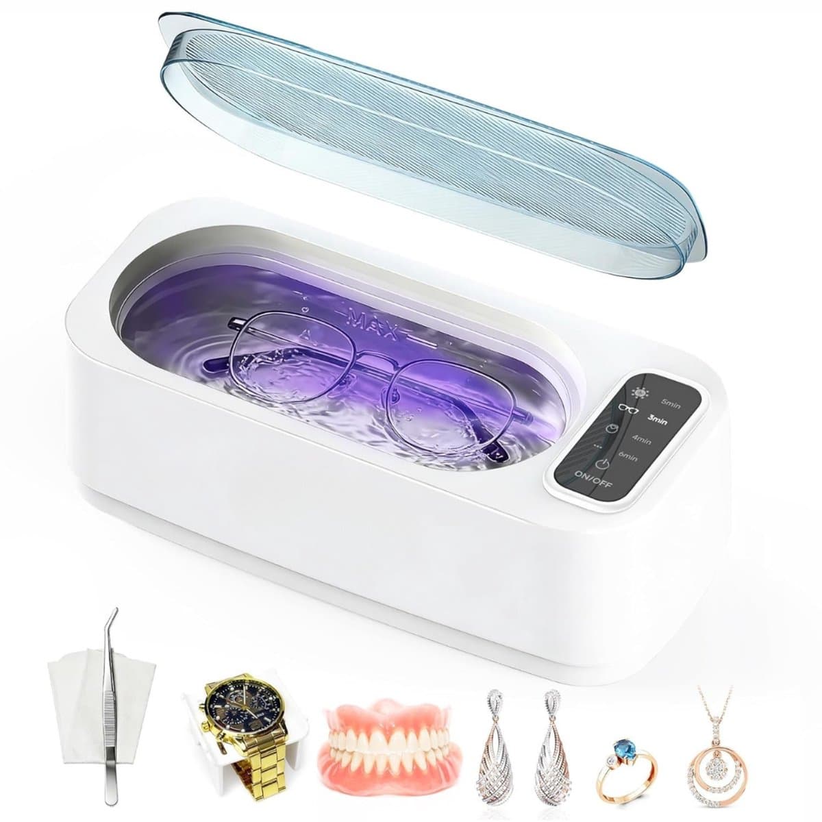 Quvo® Brillenbad - Reinigingsapparaat - Ultrasone Bad - Compact - met 4 Standen - Wit - 21cm x 10cm x 7cm