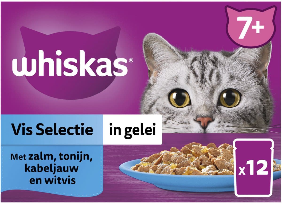 Whiskas natvoer voor senior katten, vis selectie in gelei 7+