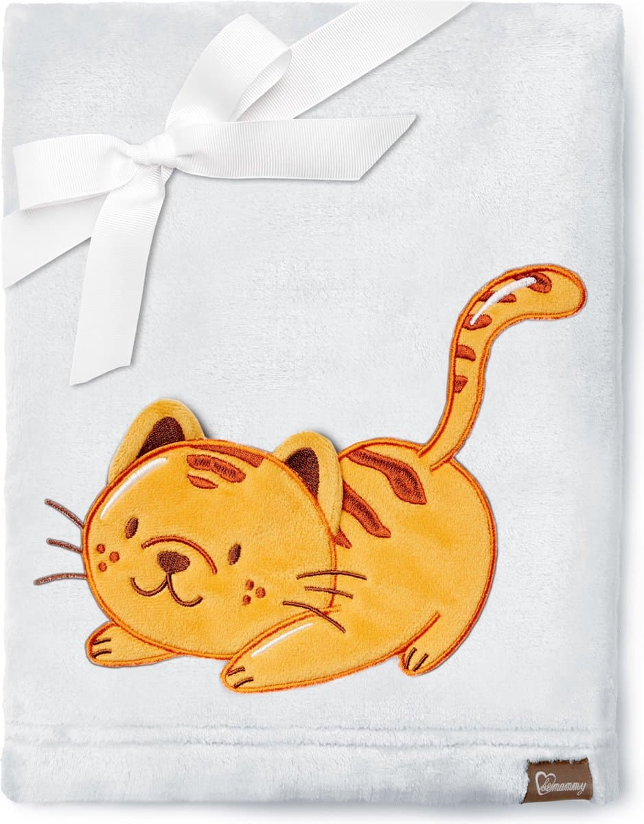 Be Mammy Babydeken - Dekbed - Kinderdeken - Wiegdeken - Dekentje Baby - 76 x 102 cm - Lichtgrijs - Kat - BE-BE20-168-BBL