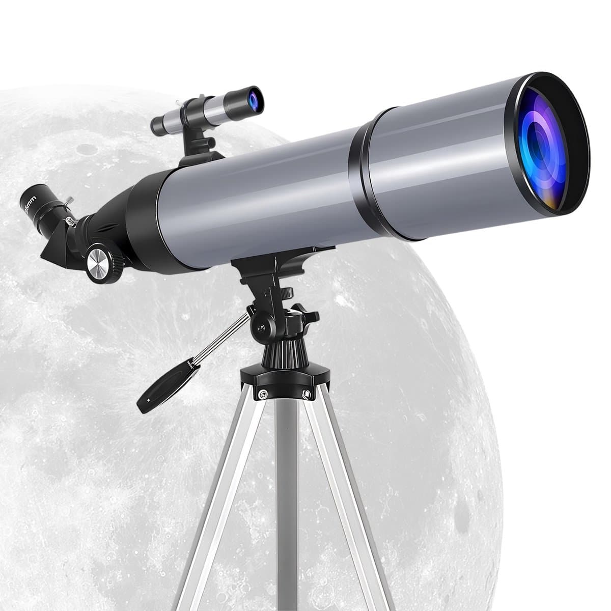 Telescoop-Sterrenkijker-80mm Grote Opening 180x HD Refractietelescoop-600mm Brandpuntsafstand-24x-180x Zoom-Inclusief Telefoonadapter, Statief, Barlowlens, Zoeker, Maanfilter en Draagbare Koffer-GRIJS.