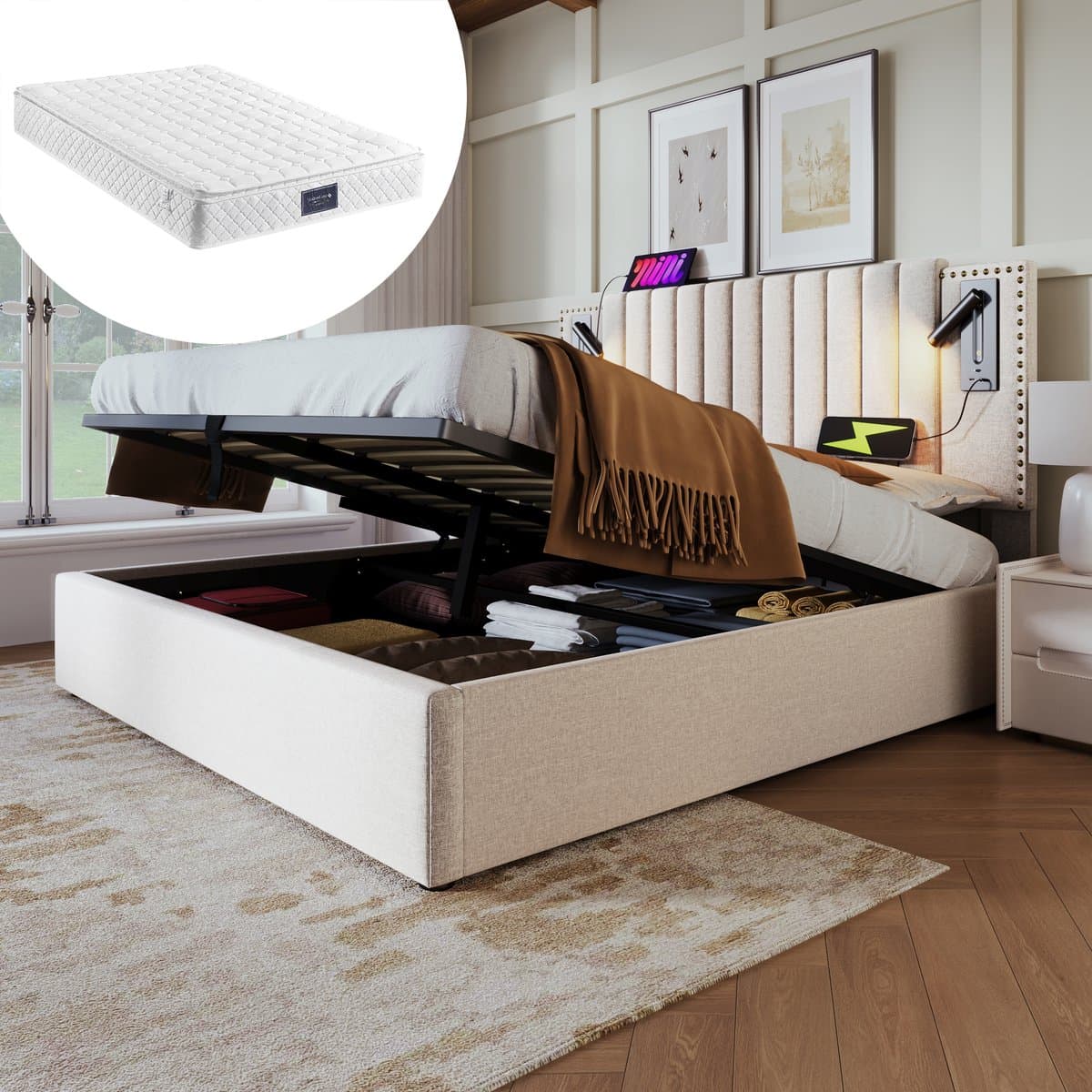 MIVRAY Gestoffeerd Bed 160x200 Cm - Met Opbergruimte, Leeslamp En Oplaadpunten - Verstelbaar Hoofdbord - Katoen - Beige - Met Matras