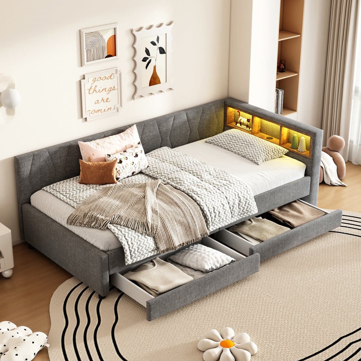 MIVRAY Gestoffeerd Daybed 90x200cm Zonder Matras - Met Led Sfeerverlichting En Usb En Type C - Met 2 Lades - Linnen - Grijs