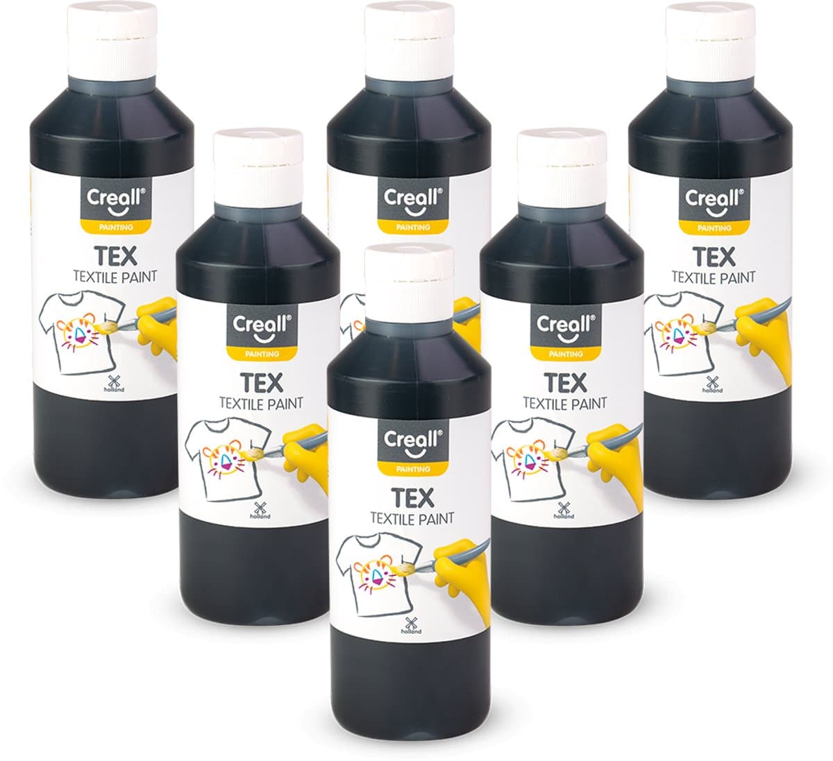 Creall Textiel- & Stoffenverf - Zwart - 6 x 250 ml - Machine wasbaar na fixatie - Voor T-shirts, jeans, schoenen, stoffen tassen, meubels en auto-interieurs/hemelbekleding