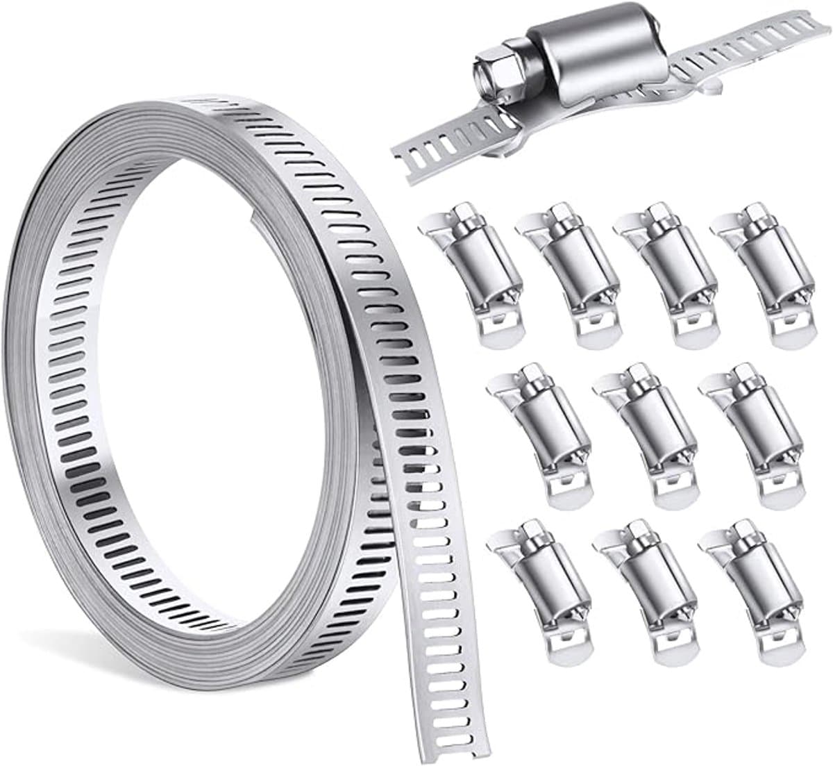 Slangklemmen 304 Roestvrij Staal - Verstelbare Riem van 3 meter - Inclusief 10 Accessoires - DIY Slangklemmenset, Verstelbare Slangklem, voor Waterleiding, Tank, Gasleiding, Koeler, Autoslang