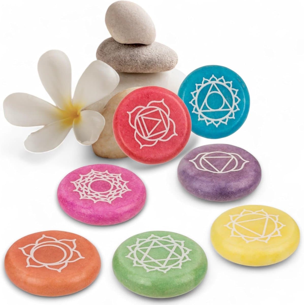 Chakra Stenen Set - Energetische Kristallen - Meditatie en Balans - Natuursteen met Symbolen - 35 cm Diameter