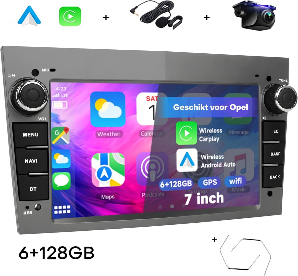 Boscer Autoradio Geschikt voor Opel - Android 15 - Apple Carplay & Android Auto (Draadloos) - 6+128GB - 7 Inch HD Touchscreen - GPS, Bluetooth, USB, SD & MP5 - Navigatiesysteem - Grijs - Demontagesleutels, Achteruitrijcamera & Microfoon