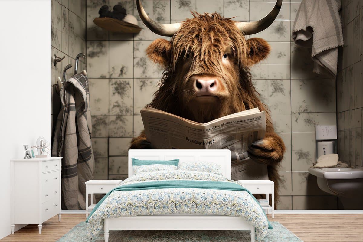 Behang - Fotobehang Schotse hooglander - Toilet - Krant - Badkamer - Breedte 600 cm x hoogte 400 cm