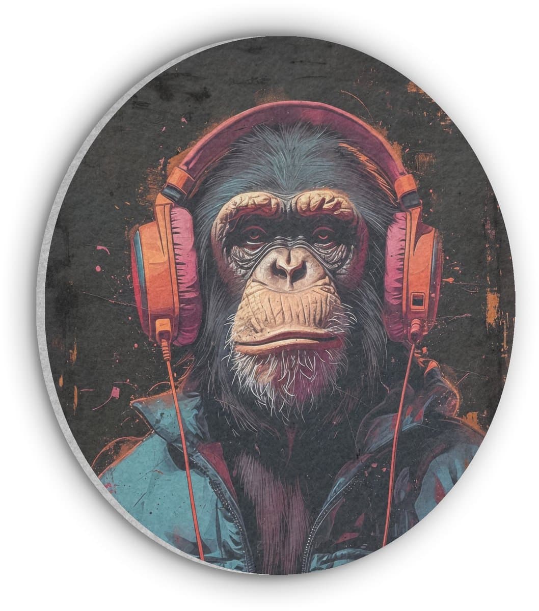 Akoestisch wandpaneel rond 60x60 cm - Vilt schilderij Graffiti - Chimpansee - Koptelefoon - Aap - Ronde akoestische panelen - Geluidsdempende wanddecoratie - Geluidsisolatie wandcirkel - Muurdecoratie geluidspanelen