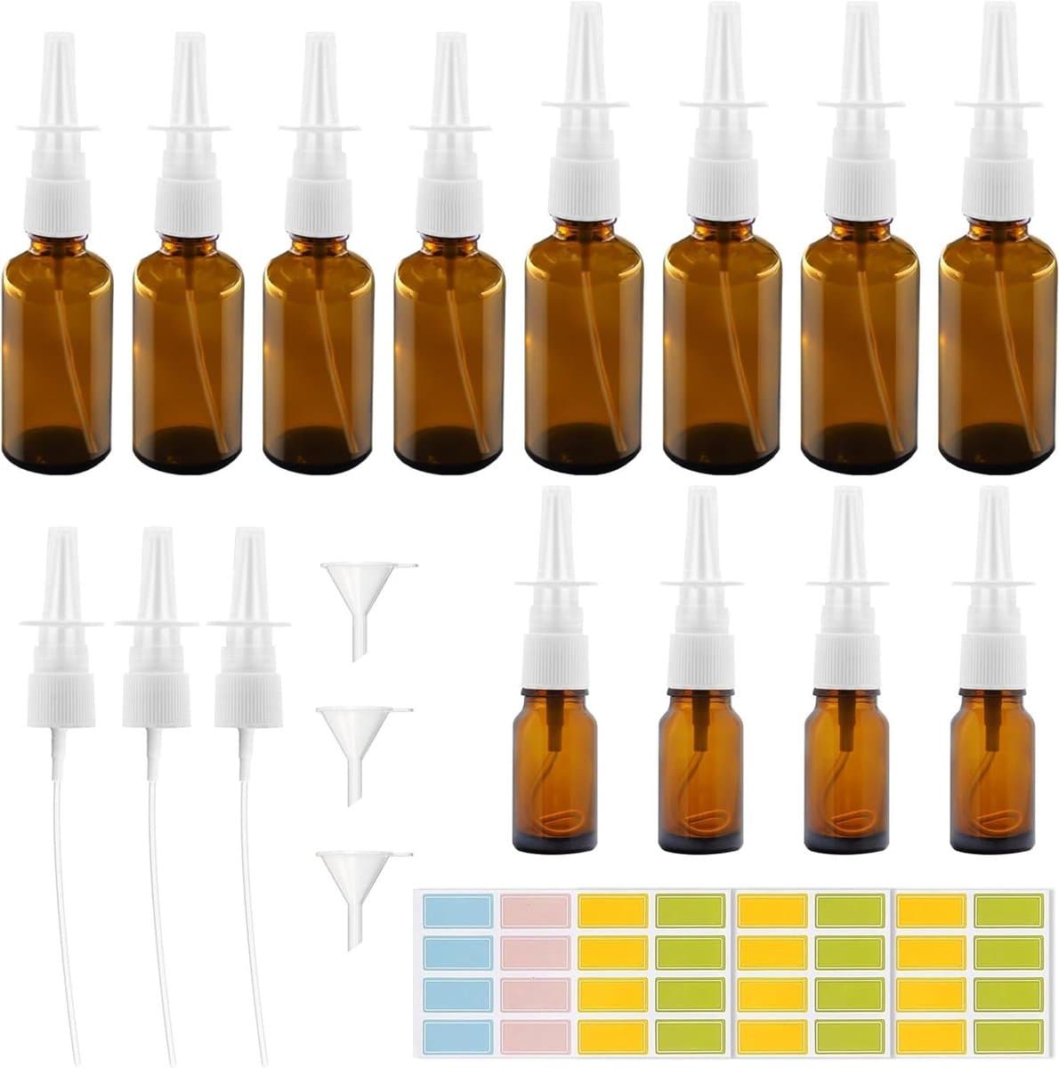 Allecto Plus - Herbruikbare glazen neussprayflessen set, 12 stuks, inclusief trechter en etiketten - Ideaal voor parfum, etherische oliën en zoutoplossing, 10/20/30 ml, bruin