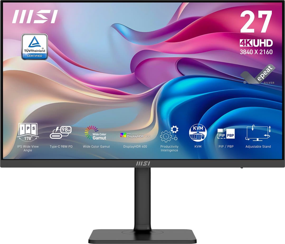 MSI Modern MD272UPHG - 4K UHD Monitor - 60Hz - 27 Inch - HDR 400 - KVM Switch - USB Type-C PD 98W - 4 Way Adjustable