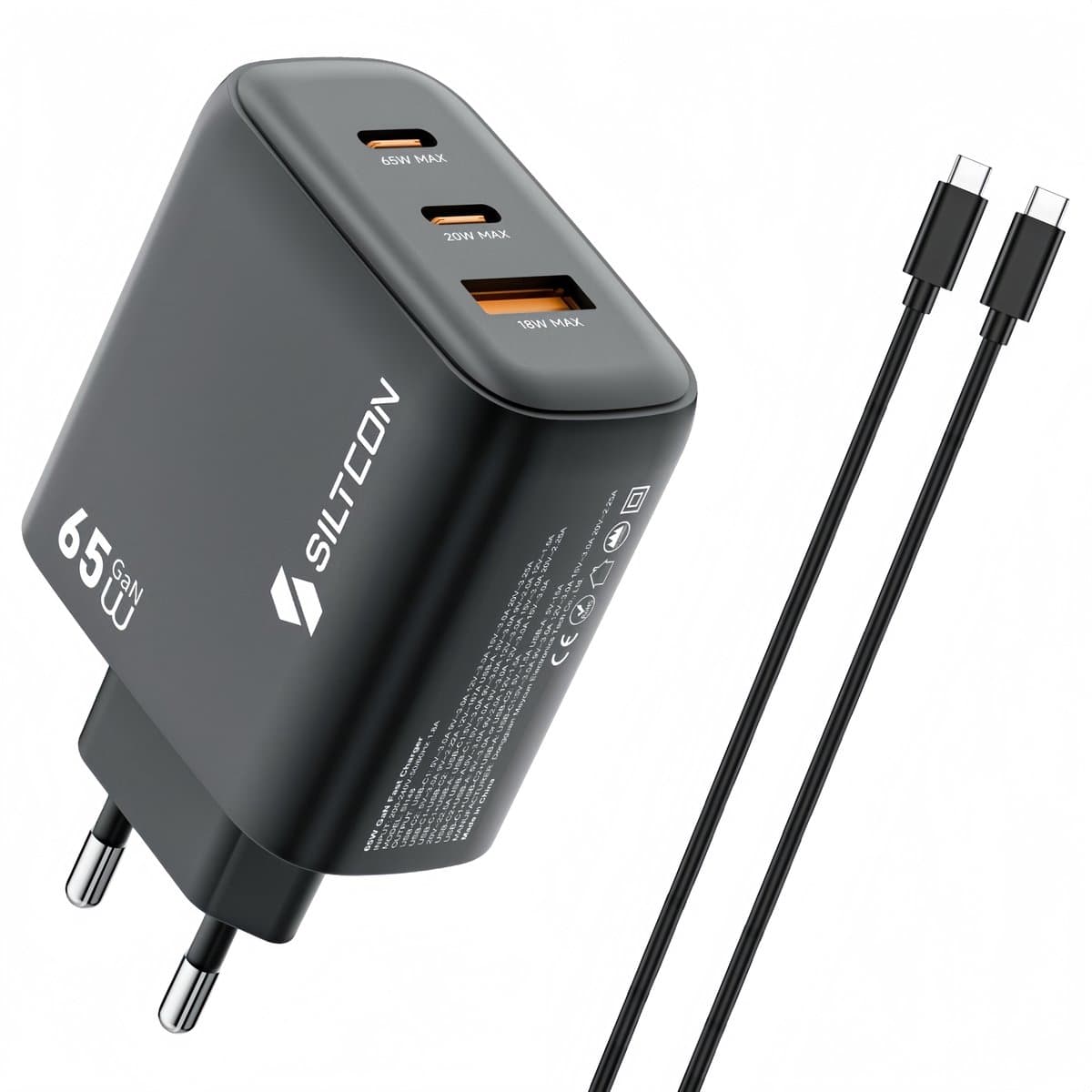 Siltcon® 3-in-1 Snellader USB-C 65W - USB C Adapter - Oplader USB-C - 2x USB-C PD 65W - 1x USB-A PD 22.5W - GaN - Universeel o.a. Telefoons, Laptops - 2 Meter 65W USB-C Snellaadkabel