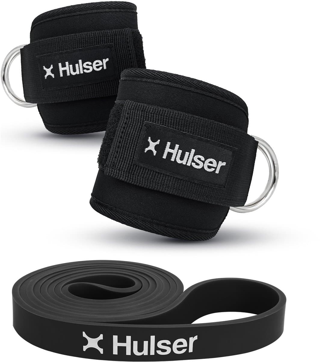 Hulser Sportieve bundel - Ankle straps en resistance band - Weerstandsband van 11 tot 30 kg - 104 / 208cm - 2 x Enkel strap - Enkelband Cuff - Fitness band voor pull up - Krachttraining , Stretch & Lifting met o.a. kickback - Power band