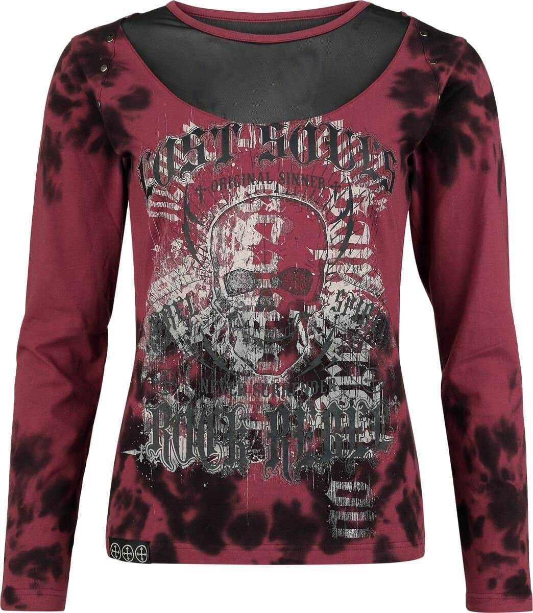 Rock Rebel by EMP Rood/zwart shirt met lange mouwen, doodshoofden en details - Dames - XXL